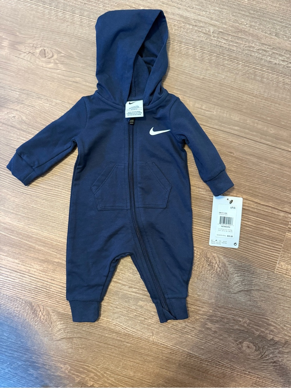 Nike Navy Hooded Baby One-Piece Romper with Swoosh